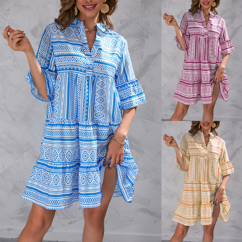 Custom Factory Lady Fashion Chiffon Short Sleeve Printed Women Elegant Summer Casual Dresses Vestidos Casuales