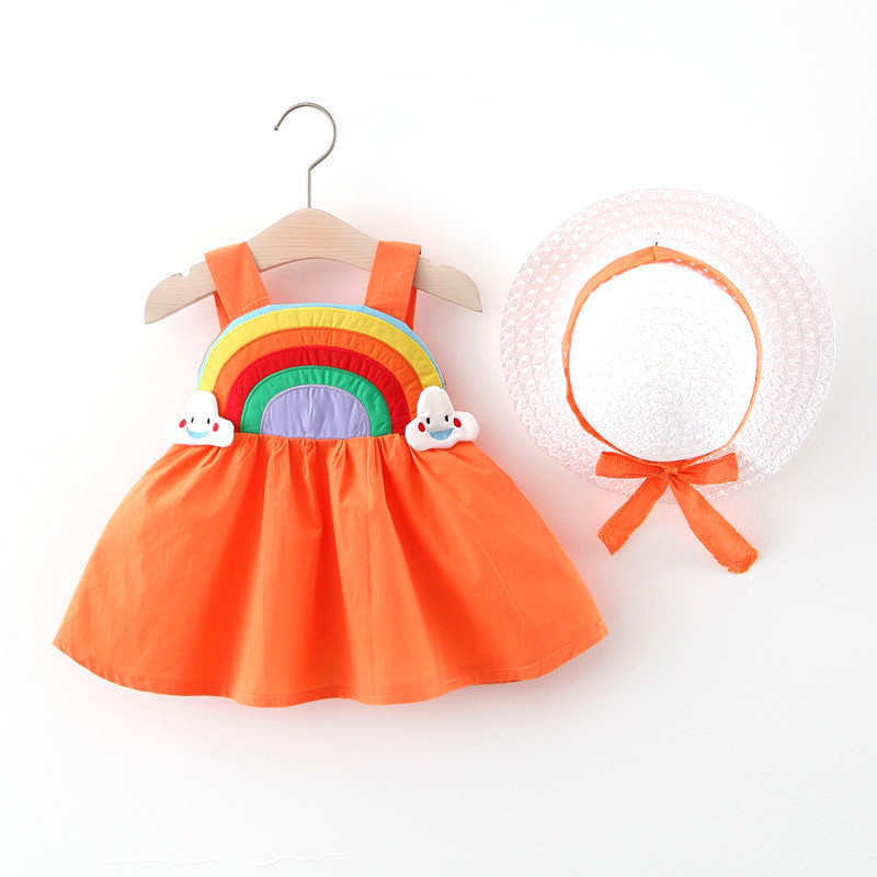 6M-5T Baby Girls Summer Dresses with Rainbow Details and Hat Clothing Set