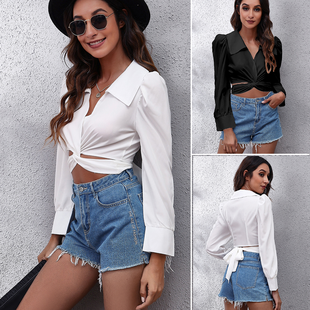 Sexy Women Crop Top Blouse With Long Sleeve and Back Tie Blusas de Mujer