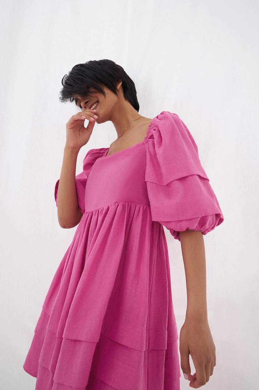 Sexy Square Collar Short Sleeve Back Lace Up Pleated Dress Puff Sleeve Cotton Linen Blend Knee Length Ruffle Dresses